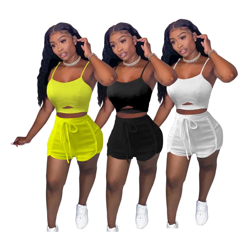 

Traje de manga corta custom summer 2021 short pants two piece women sexy skirt set womens short 2 piece set, White/black/yellow