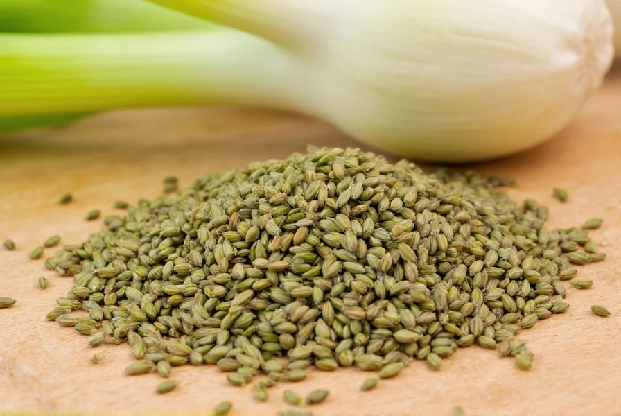 Close-up photograph of fennel seeds showing their slender, greenish-brown appearance on a wooden cutting board with fresh fennel bulb