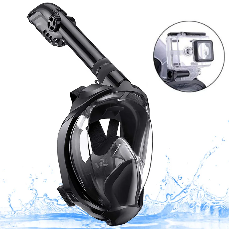 

New design diving swimming free breath 180 wide view anti leak full face snorkel mask with go pro, Black