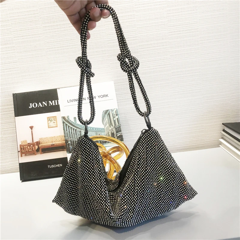 

new Crystal Purse Diamonds Party Wedding Handbag For Woman Luxury Designer Tote Shoulder Bag Rhinestones Evening Clutch Bag, Black/silver/gold