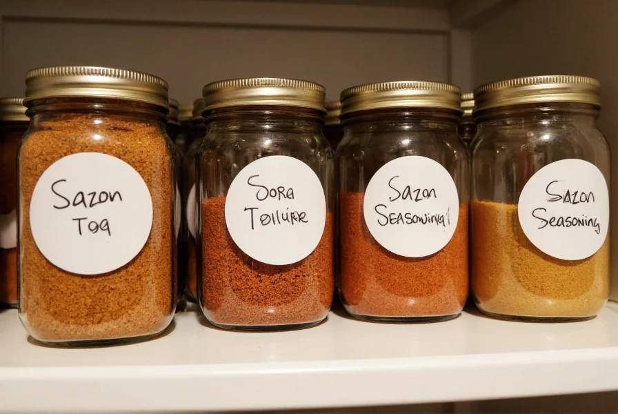 Glass jars of homemade sazon seasoning stored in kitchen pantry with proper labeling