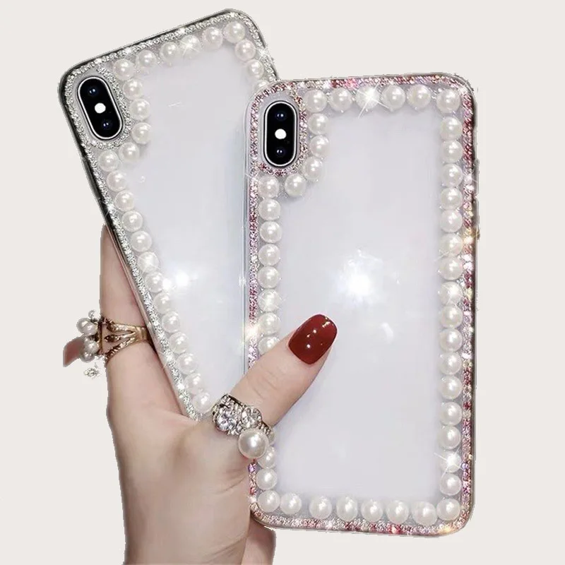 

Luxury Soft TPU DIY Glitter Clear Phone Cases For iPhone 12 Mini 11 Pro Max Case Bling Pearl Diamond Mobile Back Cover