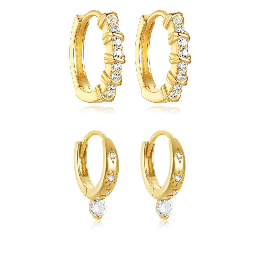 Fine Jewelry Earrings 925 Sterling Silver Trendy Diamond Earrings Star Full Zircon Gold Plated Hoop Earrings Women