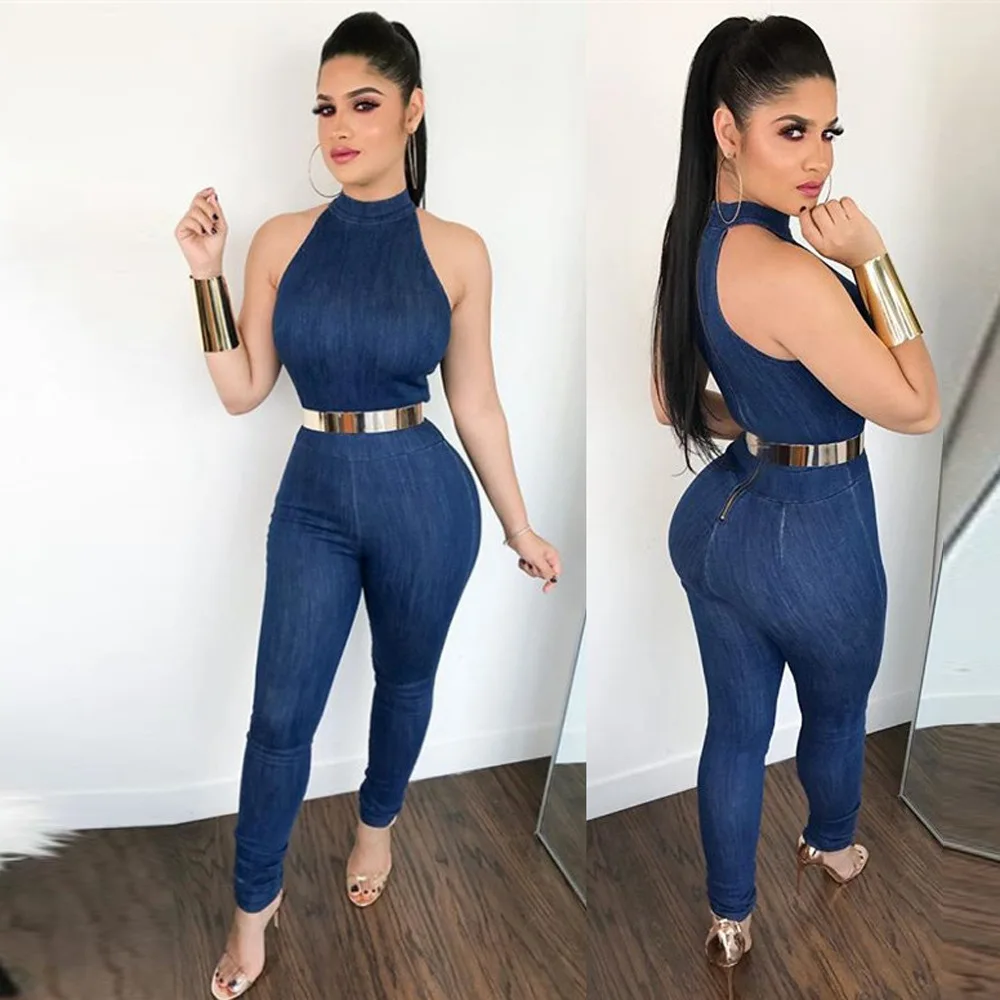 

Women's denim jumpsuit denim round neck sleeveless jumpsuit