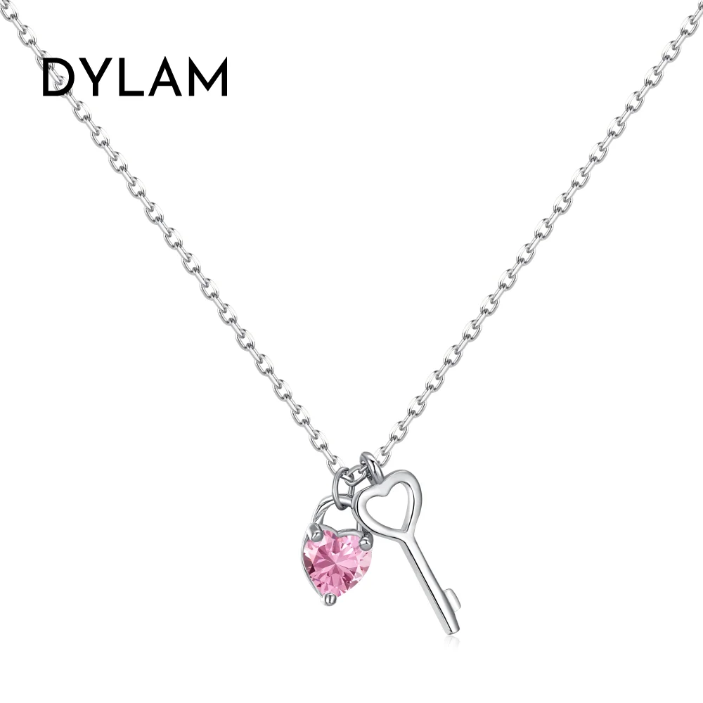 

Dylam Personalized Design Cute Women Girls S925 Silver Rhodium 18K Gold Link Chain 5A Zirconia Key Heart Pendant Necklace