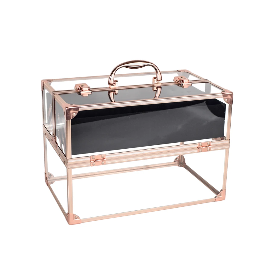 
Factory Hot Sale Double Open Rose Gold Beauty Transparent Box Professional Acrylic Cosmetic Case with 4 tray box 
