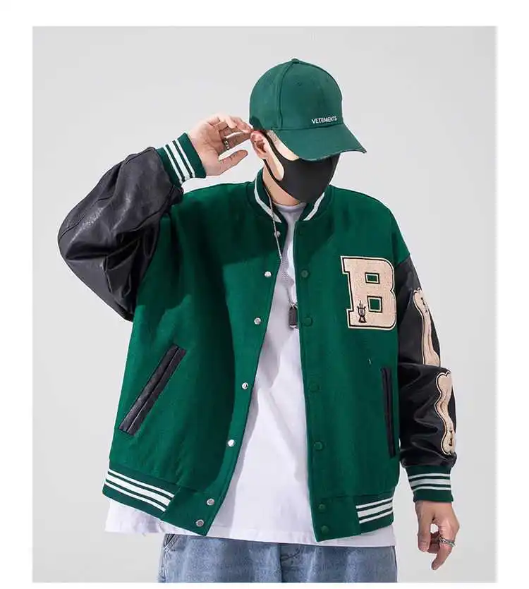 

LOW MOQ Mens letter embroidery logo patches varsity letterman jackets with leather sleeves, Picture colors