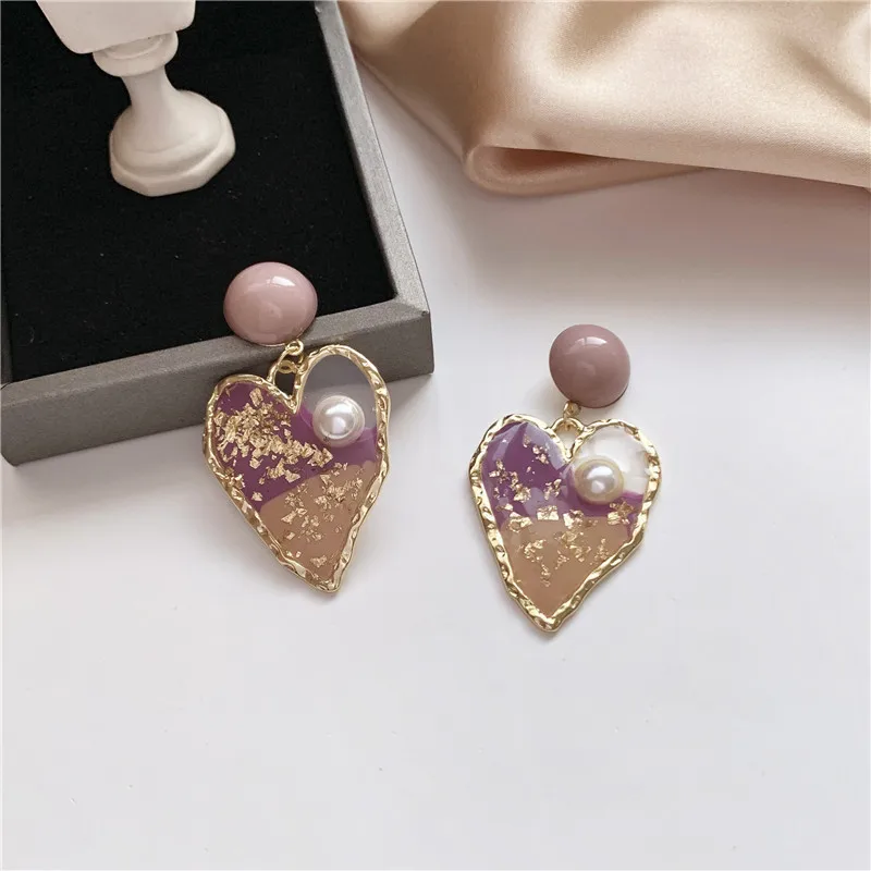 

JUHU New retro heart-shaped pearl earrings translucent bean paste purple gold foil earrings alloy S925 silver needle jewelry, Colorful