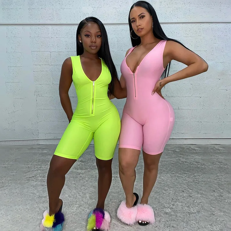 

Custom Logo Short Sleeve Zipper Design Playsuit Women Elegant Casual Romper Female Slim Fit Leisure Short Jumpsuits