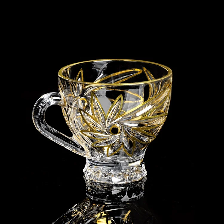 

NEW GOLDEN LINE WINDMILL DESIGN 165ML CRYSTAL GLASS TEA CUP SAUCER SET WITH HANDLE, Gold rim