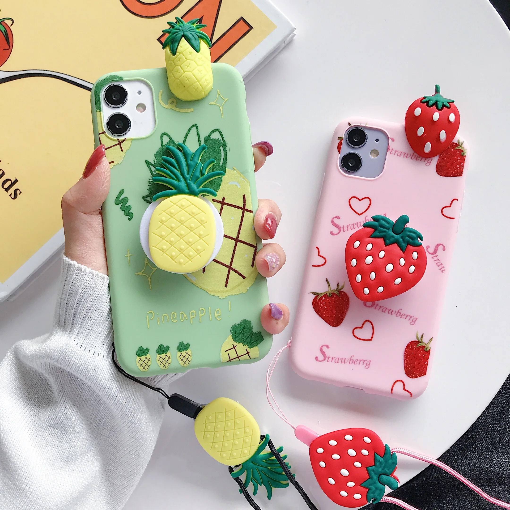 

For iPhone Xs X 6 7 8 Plus 11 Pro Max Fruit Pineapple Strawberry 3D Doll Holder Stand Strap Phone Case