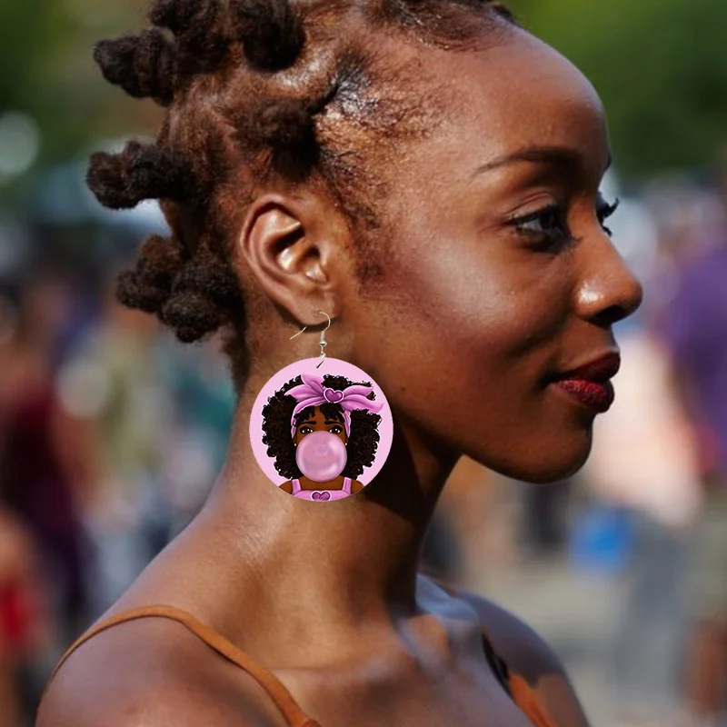 

Women Lovely Pink Afro Girl Bubbles Gum Wooden Drop Earrings African Black Natural Hair Wood Earring