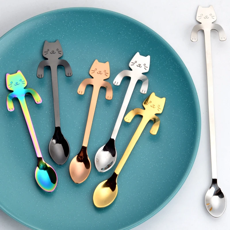 

11.5cm Cute Cat Coffee Spoon Stainless Creative Cat Spoon Teaspoon Dessert Snack Scoop Ice Cream Mini Spoons Tableware, As photo
