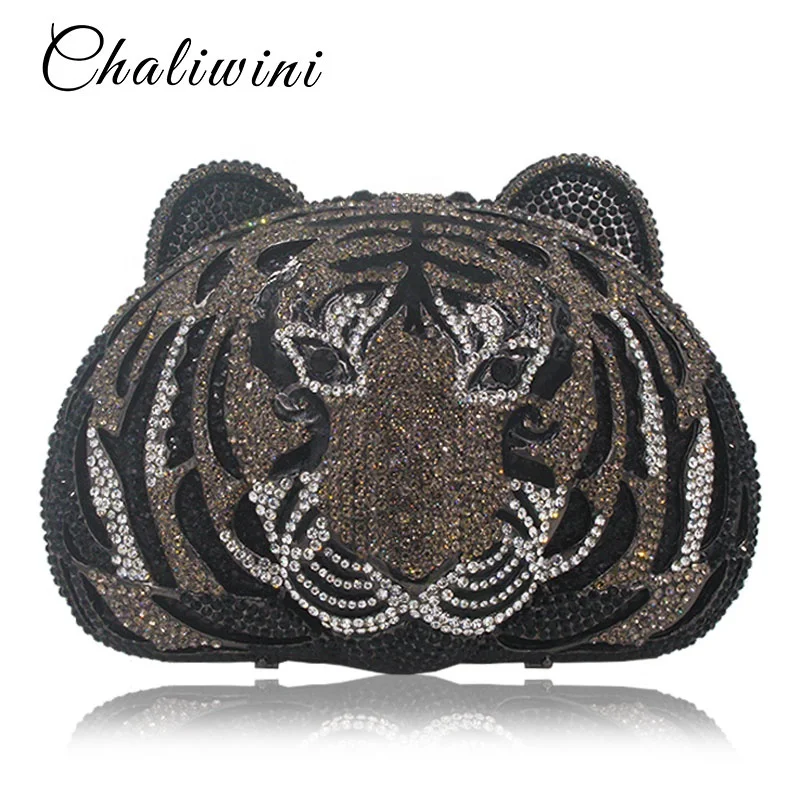 

Chaliwini Animal Tiger Head Full Diamond Metal Luxury Evening Clutch Bag Women Diamante Wedding Purse Crystal Evening Wallet