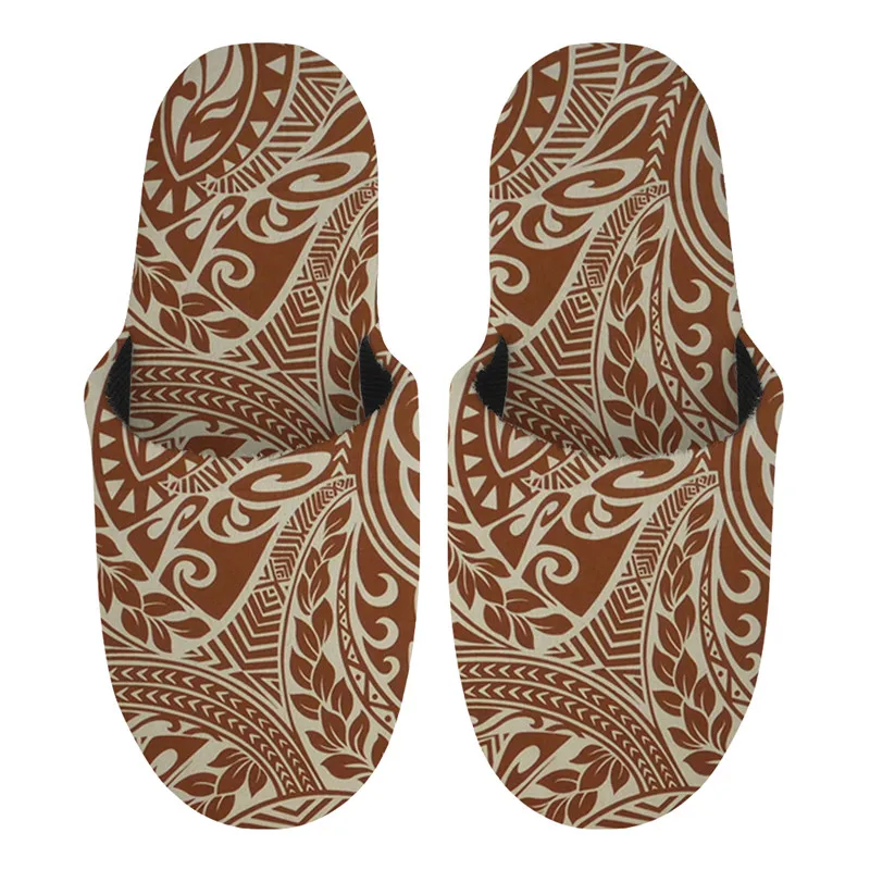 

Polynesian Print Women Plush Indoor Slippers Custom Fur Insides Winter Slippers For Ladies