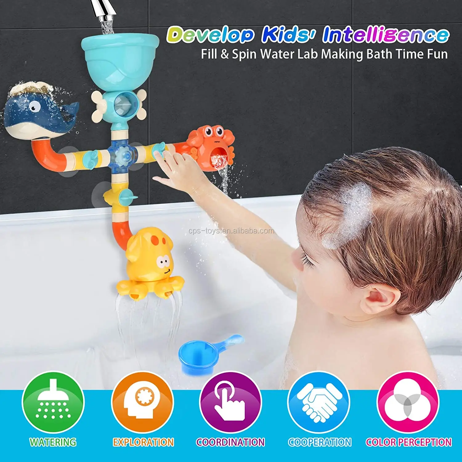 Baby Diy Pipes Tubes Bath Wall Toy Waterfall Fill Spin And Flow Bath ...