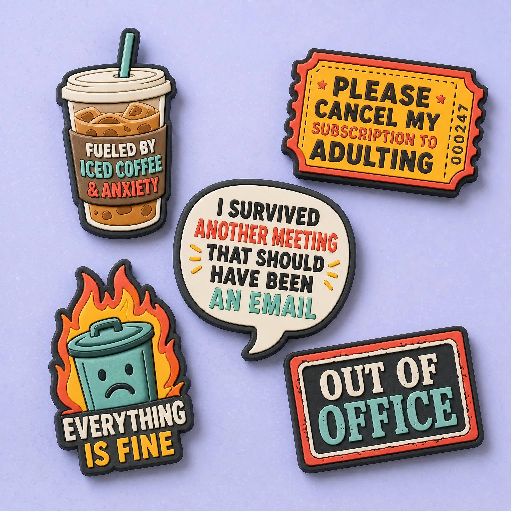 5-Piece Sarcastic Office Humor 3D Soft PVC Fridge Magnet Collection Lineup