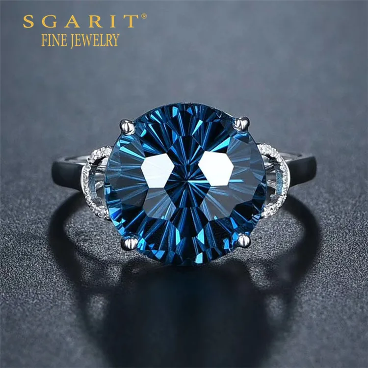 

SGARIT hot sale women gemstone jewelry engagement wedding ring 18k gold 8.64ct natural London blue topaz ring
