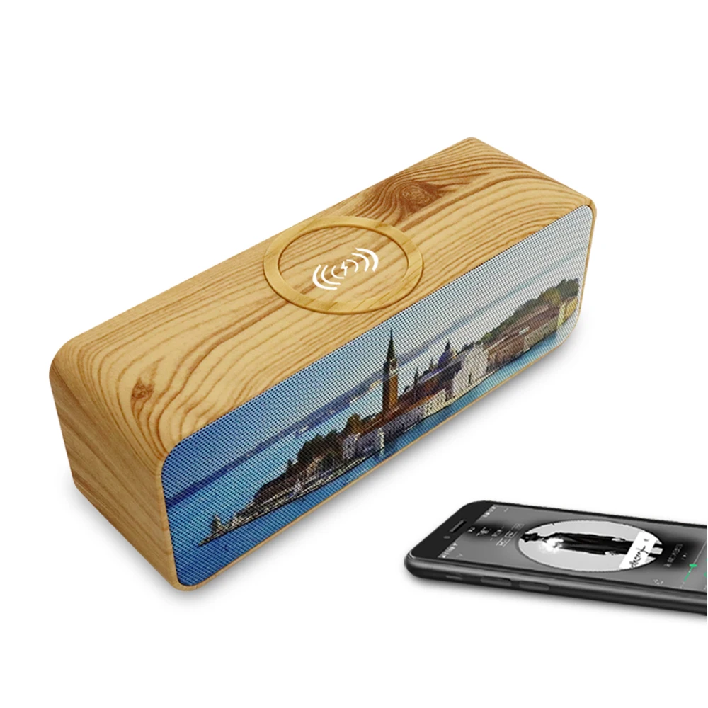 

Blue tooth speaker waterproof 3 in 1 Wireless charger with led display alarm clock, Black , wooden