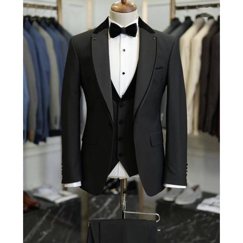 Black Men's Three-piece Suit Custom Made Exquisite Formal Business Wedding Groomsman Tuxedos (Coat + Vest + Trousers)
