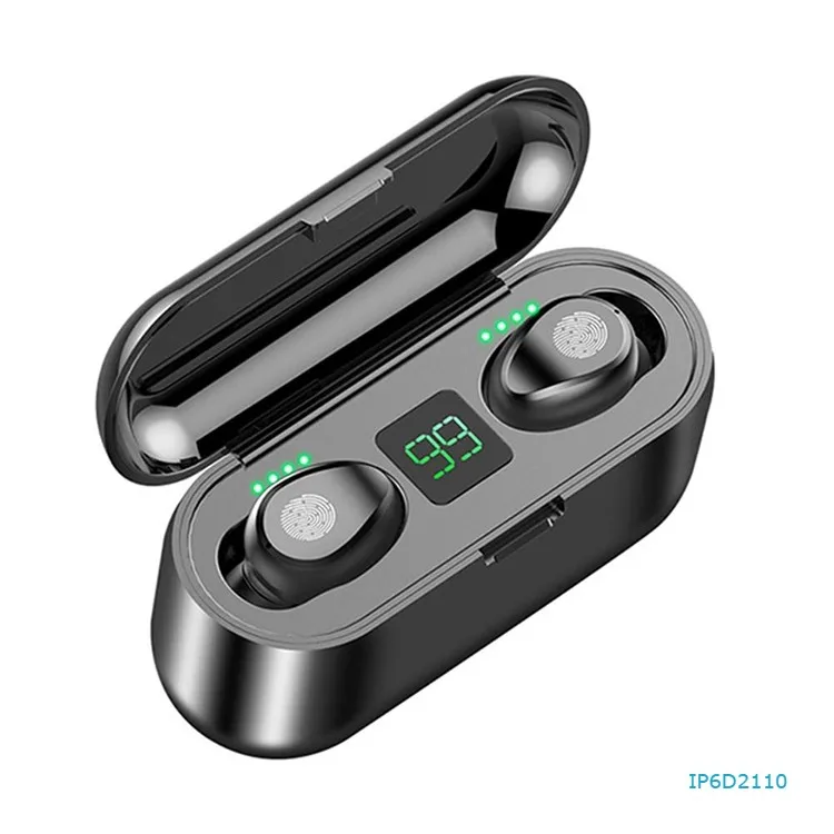 

F9 TWS V5.0 Touch Control Binaural Wireless Headset with Charging Case and Digital Display earphone, Black color