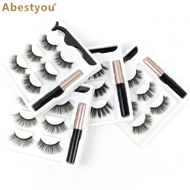 

Abestyou 3D Mink Eyelashes Sets of 5 Makeup Magnetic Lashes Suit Eyeliner Tweezers Set Natural False Lashes Short Faux Cils