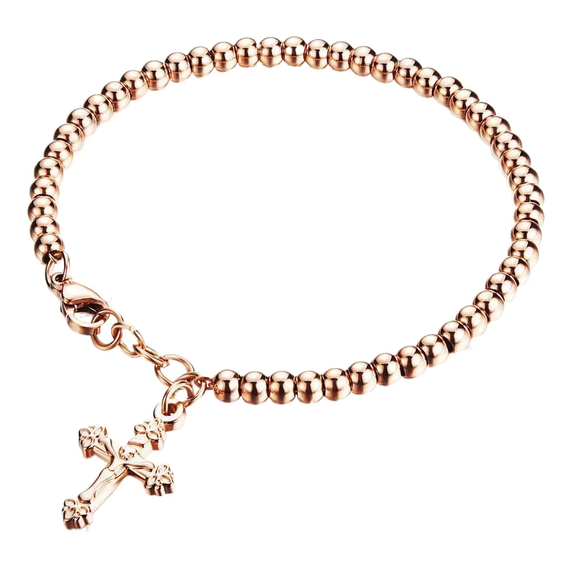 

Fashion Rose Gold Plated Bracelet Cross Tassel Bead Chain Cross Titanium Steel Bracelet, Gold color