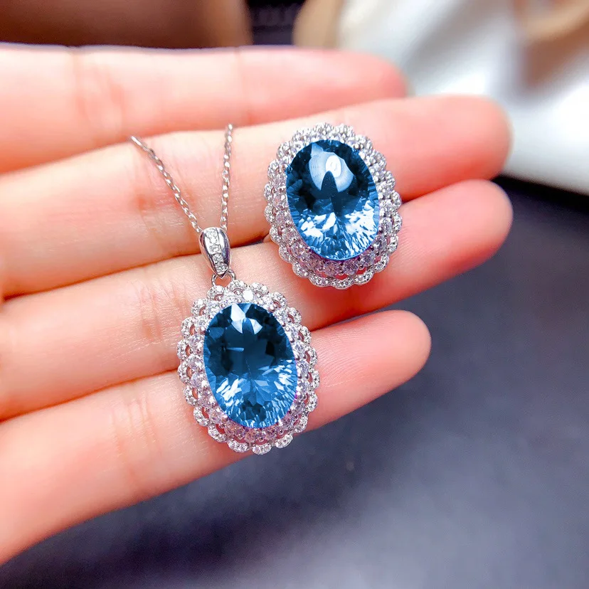 

PUSHI wedding jewelry set ring adjustable jewelry display set luxury simulation blue topaz stone luxury pendants for necklace