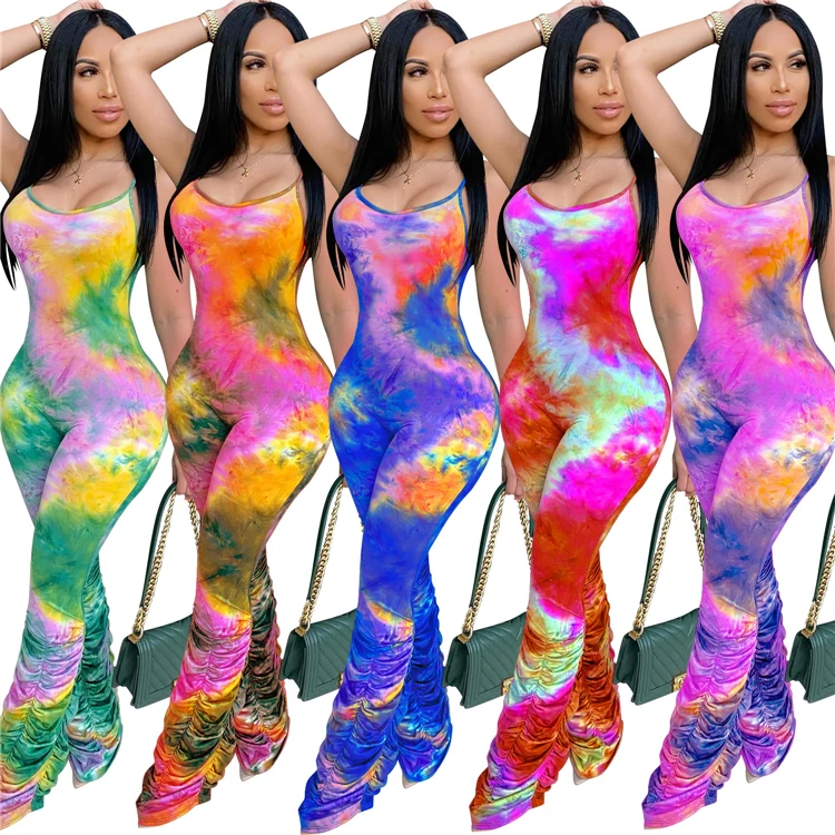 

D94170 ladies pants tye dye sets jumpsuits for women clothing Sexy straps stacked legging long pants