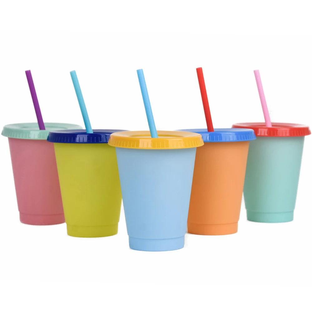 

2021 Reused Plastic BAP Free 16oz Coffee Tea Juice Cup Color Changing Mugs With Straw Lid
