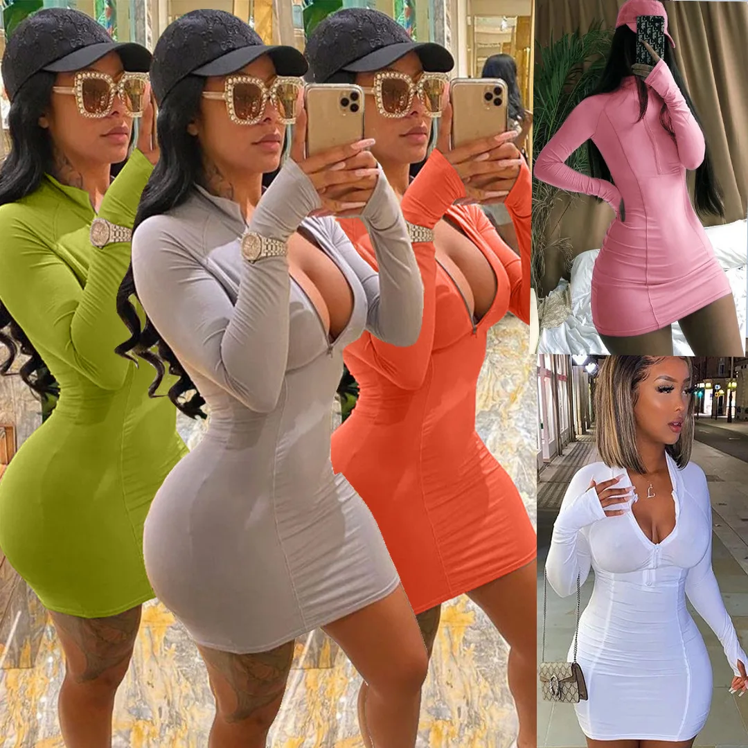 

2021 Autumn Long Sleeve Mini Bodycon Dress Fall Fashion Elegant Short Dresses Sexy Women Casual, Picture color