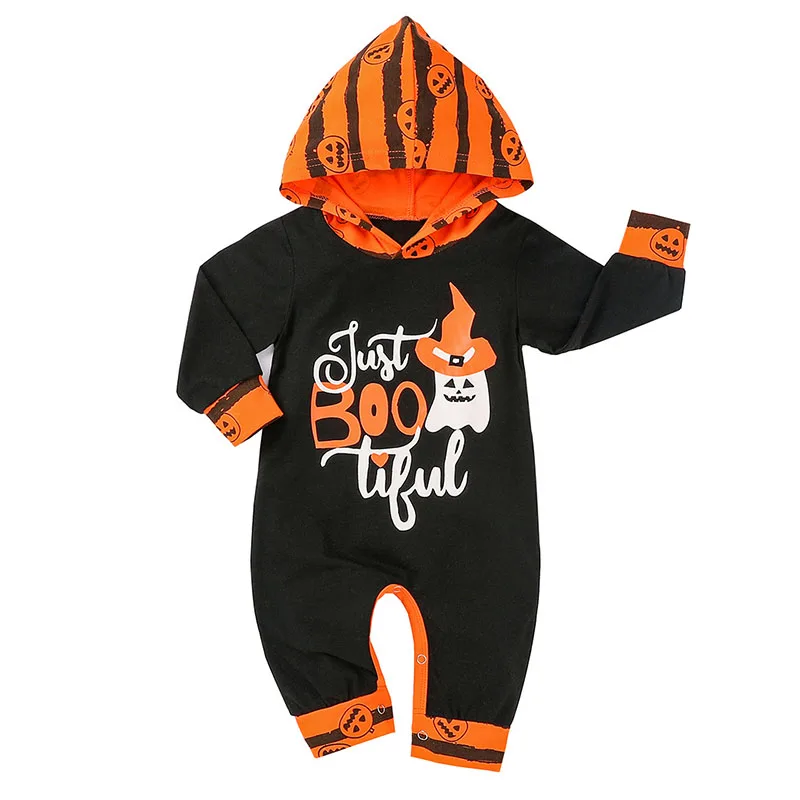 

Halloween witch boo print cotton long sleeve hooded newborn infant baby jumpsuit rompers, As picture show