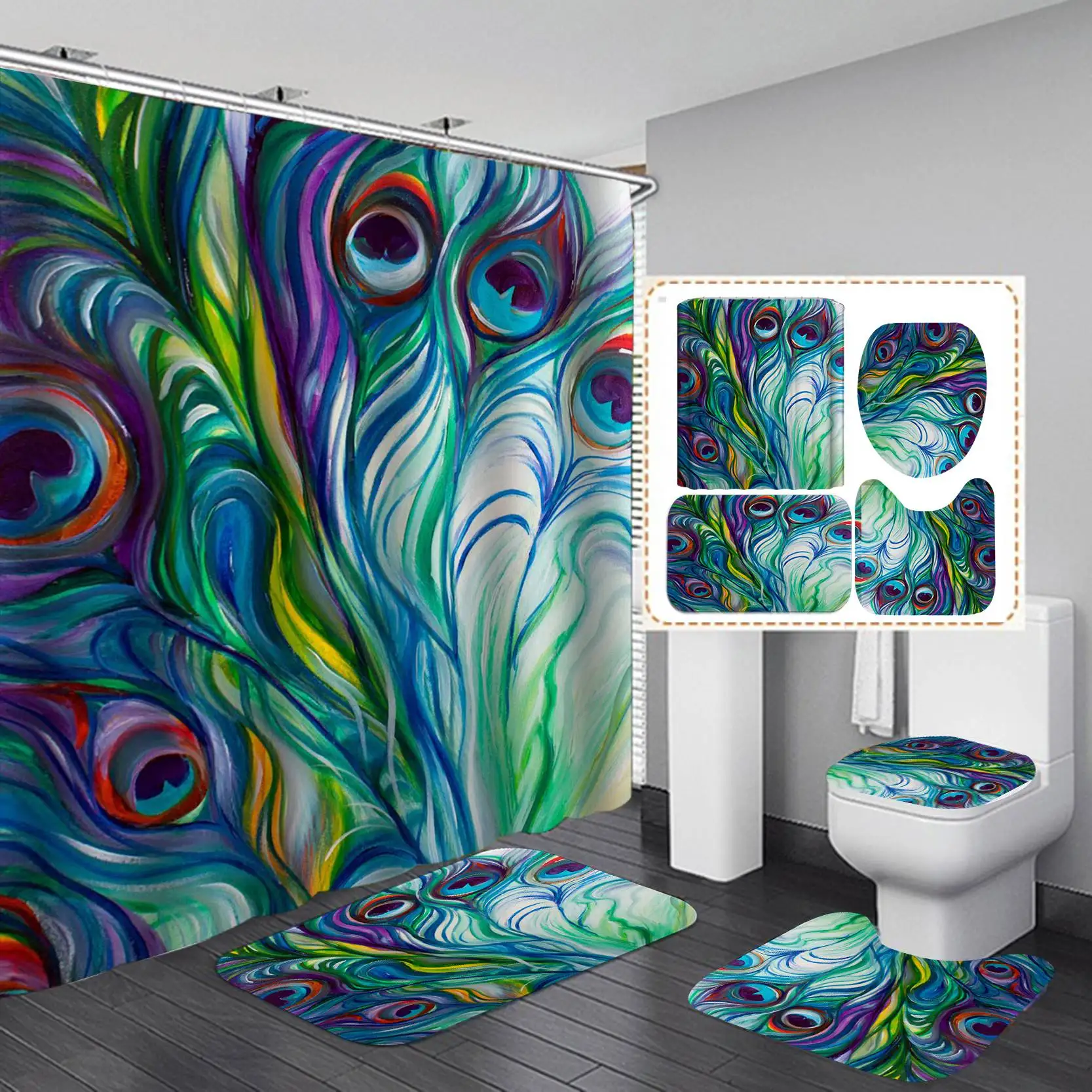 

Custom high quality animal elegant and noble peacock printing cloth shower curtain and rug set