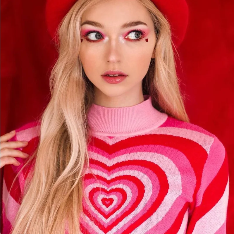 

2021 Fashion Women Pink Heart Corazon Long Sleeve Sweater Y2K Top Crop Knitwears Women's Knit Sweater