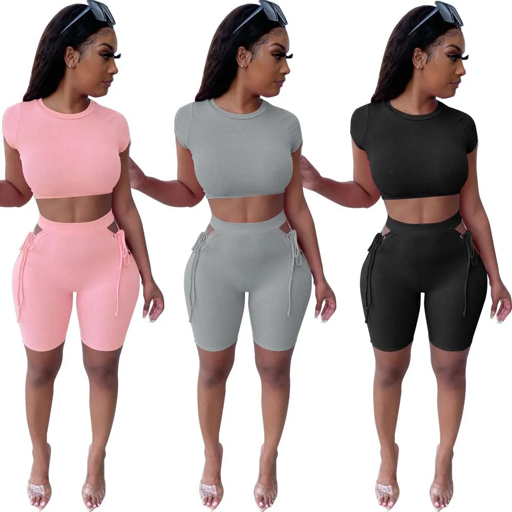 

Solid Summer Outfits Jogger Yoga Seamless Short Sleeve t Shirt Biker Crop Two Piece Short Set, Pink / gray / black