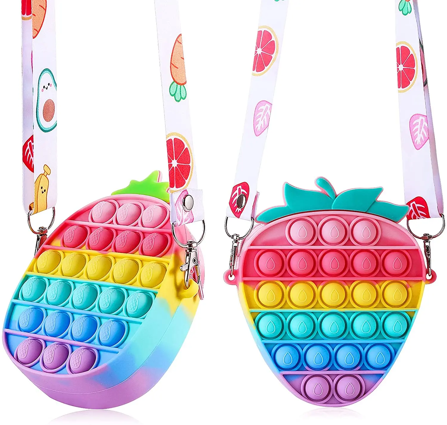 

2 IN 1 Kids Strawberry Pineapple Fidget Toy Bag Rainbow Silicone Push Pop Bubble Fidget Popper Purse Crossbody Bags Should Bag, Rainbow or customized