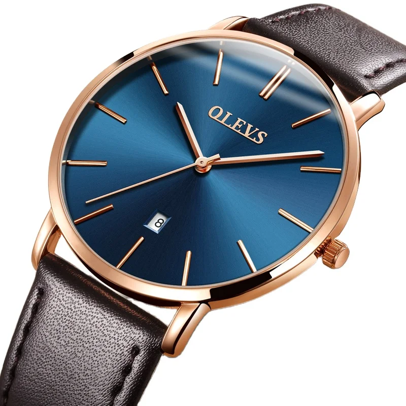 

OLEVS 5869 high quality black mens quartz watch luxe leather strap big dial date display Ultra thin business wrist watch