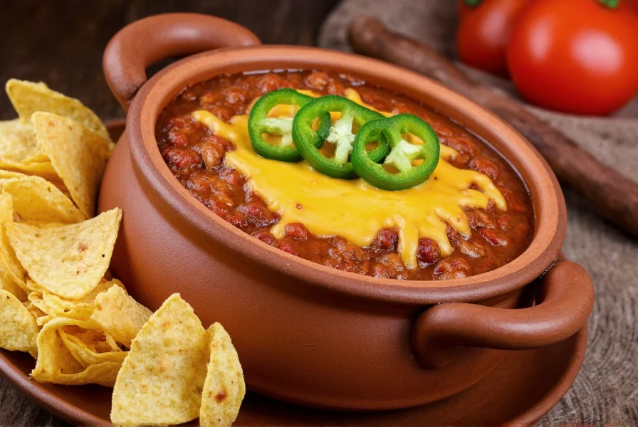 Authentic chili con queso in traditional clay dish with fresh jalapeños and tortilla chips