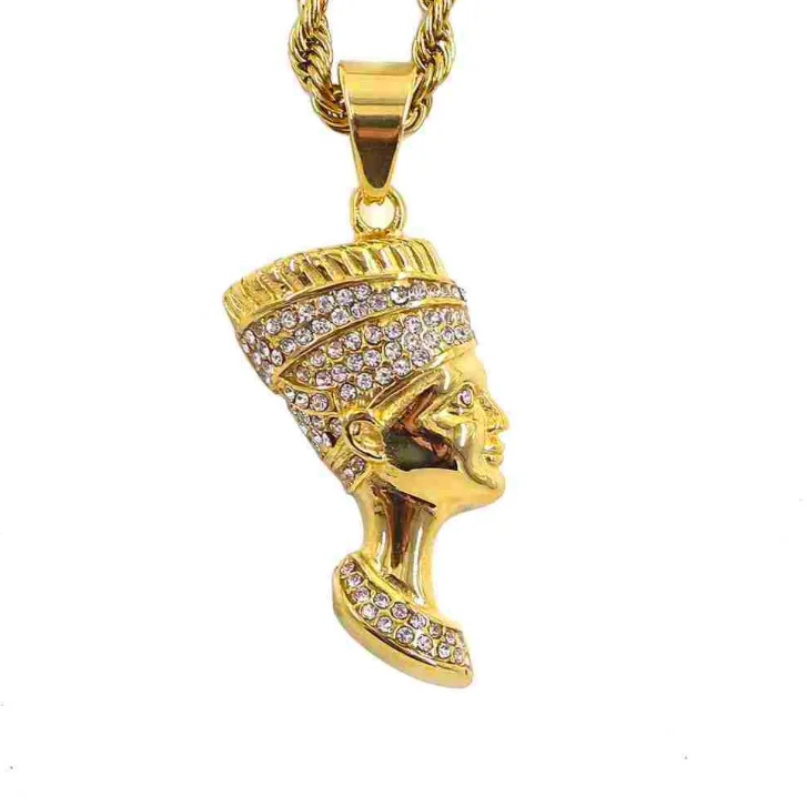 

jialin jewelry Wholesale cz African Gift Men Gold Plated Color Necklace Egyptian Queen Pendant Nefertiti Necklace for Women