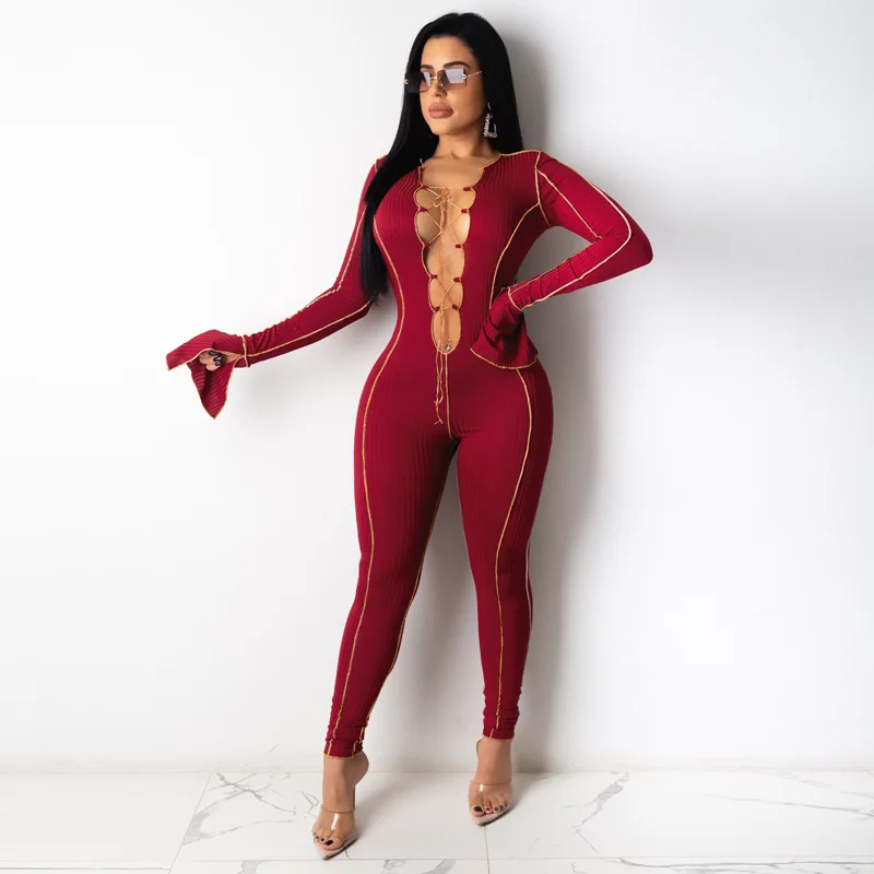 

2021 Fall Women's Full Sleeve pagoda sleeve Lace Up Bondage Deep V neck fitness one piece jumpsuit best selling monsoon