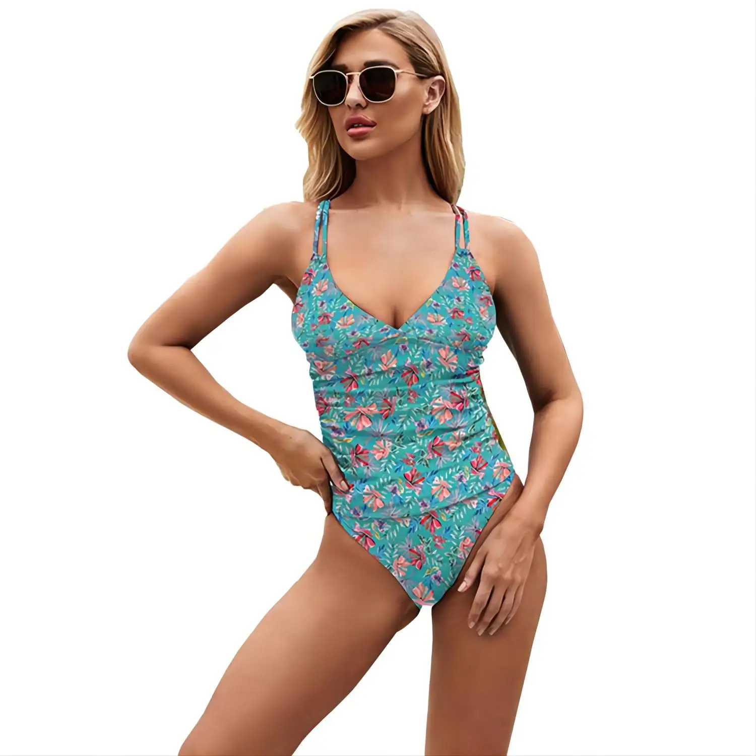 

10% Sexy Printed Tankini Double Strap Swimsuit V Neck Pleated Top Cross Straps Two Piece Open Back Swimsuit