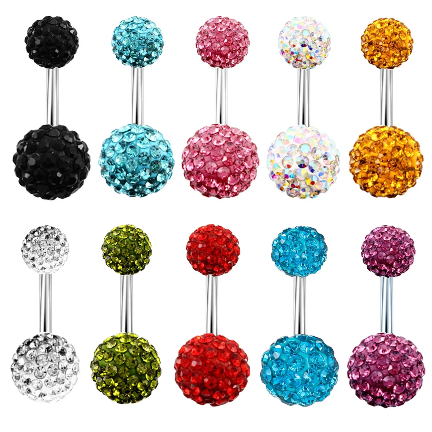 

Sparkly Colorful Full Crystals 14G Body Piercing Jewelry For Girl Stainless Steel Curve Shamballa Disco Balls Belly Rings, Silver