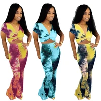 

2019 hot sell women clothing sexy tie dye crop top bell bottom 2 piece pant set women