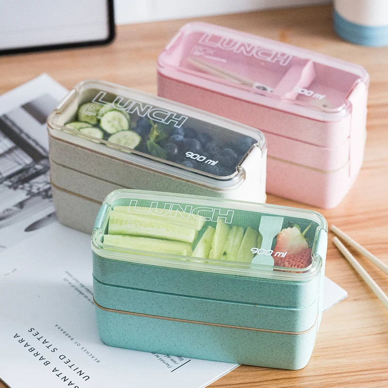 

3 layer Student Biodegradable Microwave Wheat Straw Bento Food Grade Boite Container Plastic Lunch Box With Spoon And Fork, Green, pink, beige