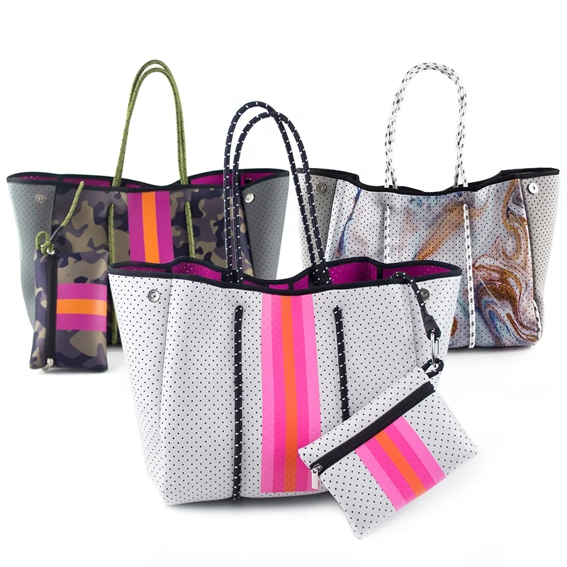 

Fashion Camouflage Stripe Design Neoprene Wholesale Beach Handbag Waterproof Neoprene Beach Tote Bag