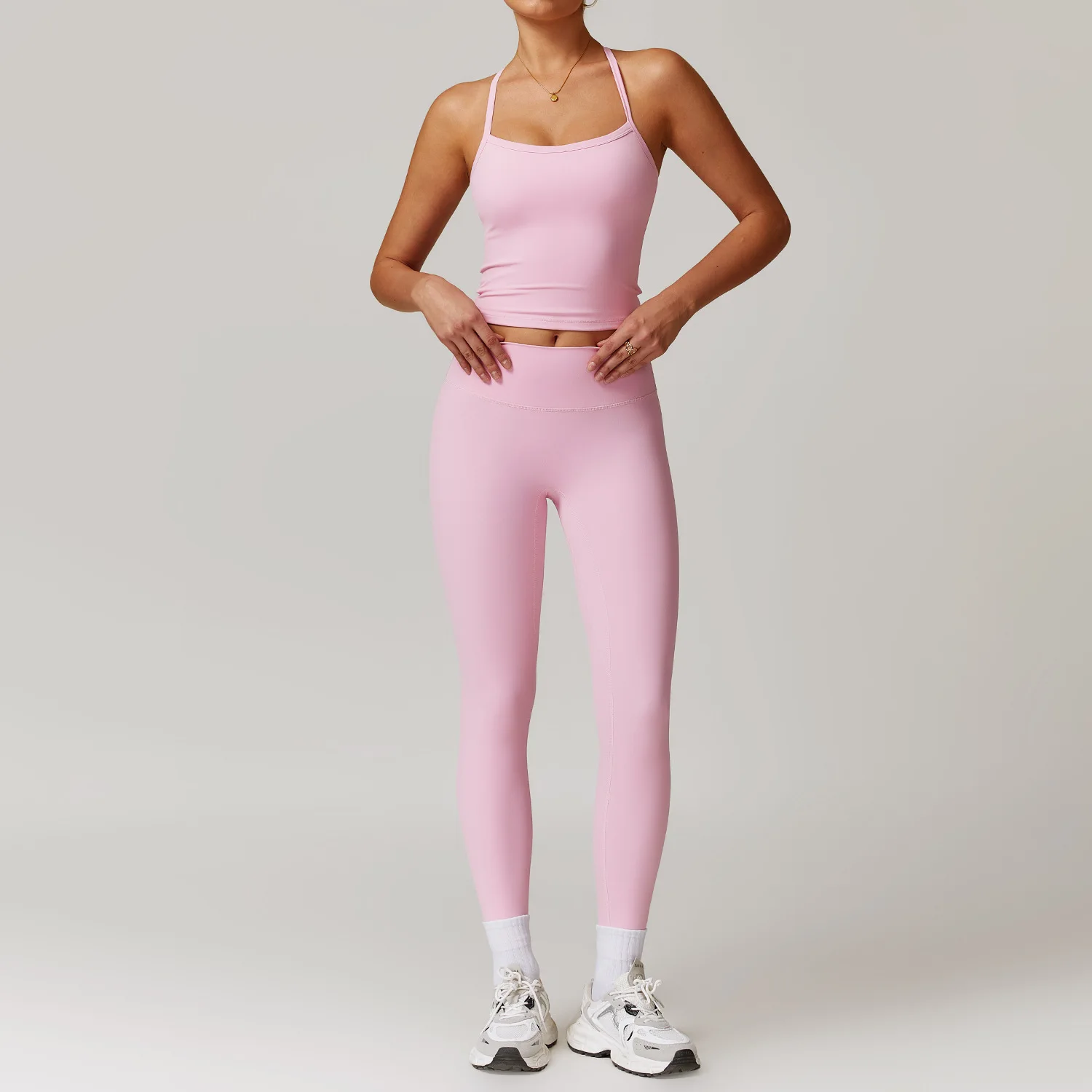 pink Cami Crop Top and Skinny Legging Two Piece Women's Set Nylon Tracksuit Gym Yoga Athleisure Wear Streetwear Activewear 2024