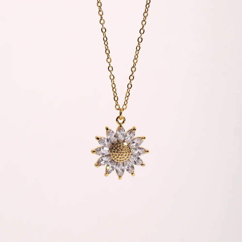 

Tarnish Free Stainless Steel Necklace 18K Gold Plated Zircon Daisy Sunflower Pendant Necklace For Women Girls Jewelry Wholesale