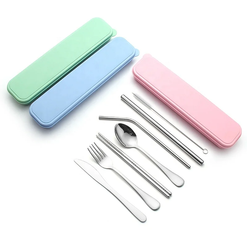 

Utility Cutlery Set 7 Piece Straw Chopsticks Knife Fork Spoon Set for Home Use/Travel/Camping Cutlery Set in Case, Silver, gold