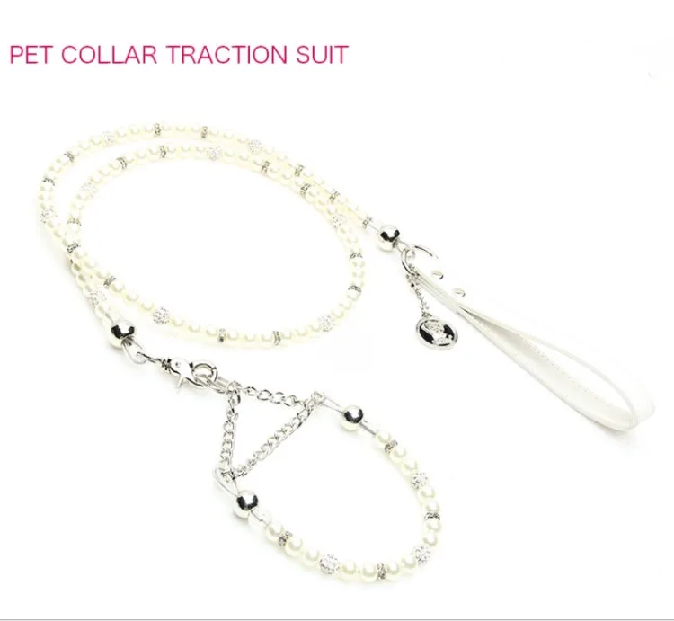 

Fancy Bling Pearl Pet Collar Traction Suit, White