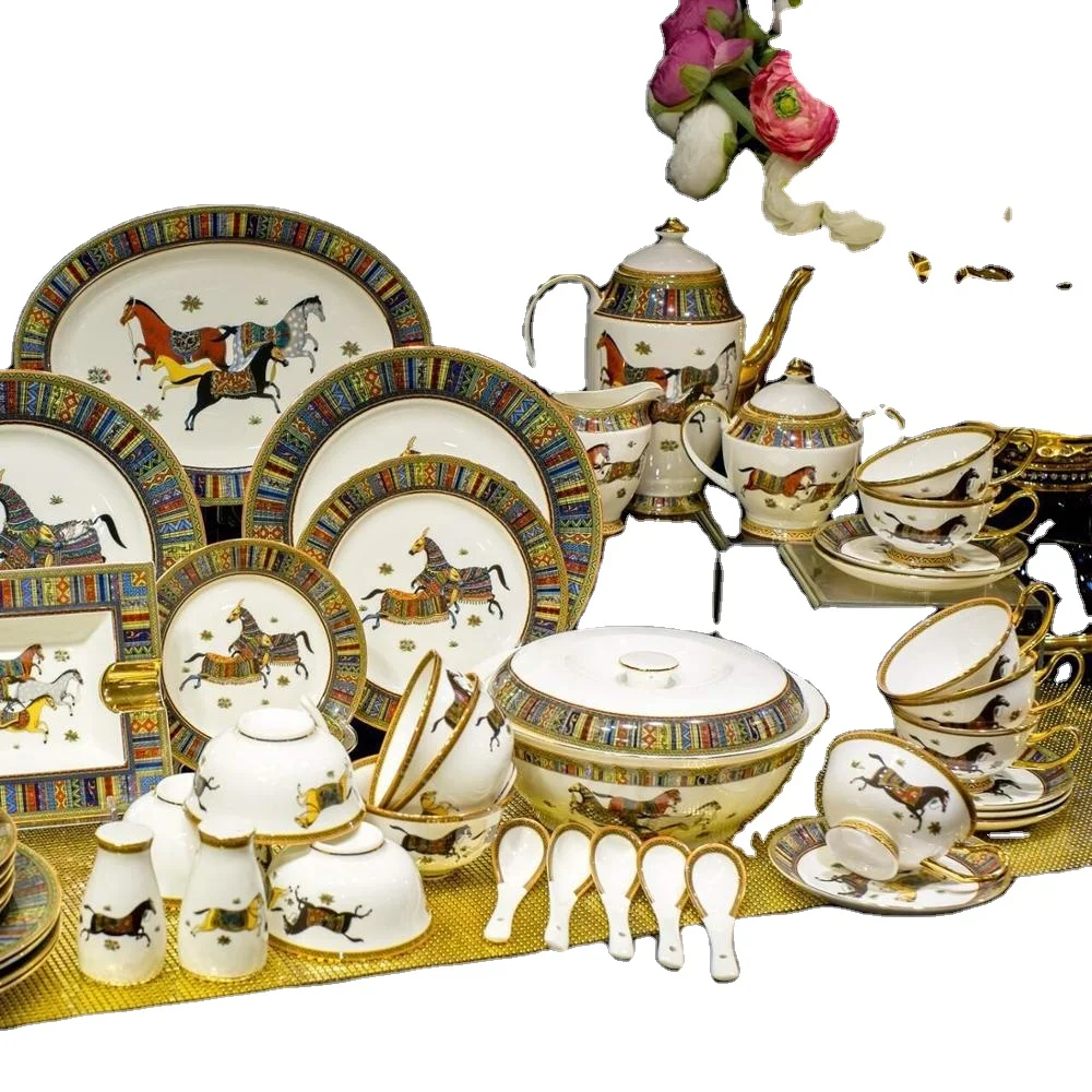 

New 61 Pcs Fine Bone China Dinner Set Luxurious Hand-paited Europe design Porcelain Tea Set Coffee Set for Home&Restaurant, White/gold